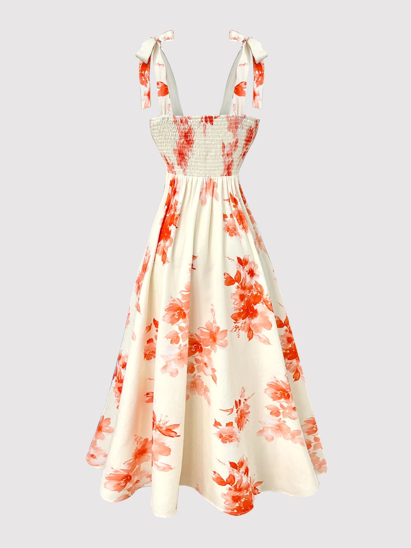 Minimalist White Floral Midi Dress Square Neck Bow Strap Detail Slim Waist Flared Hem Casual Daily Wear Dress Summer Dress