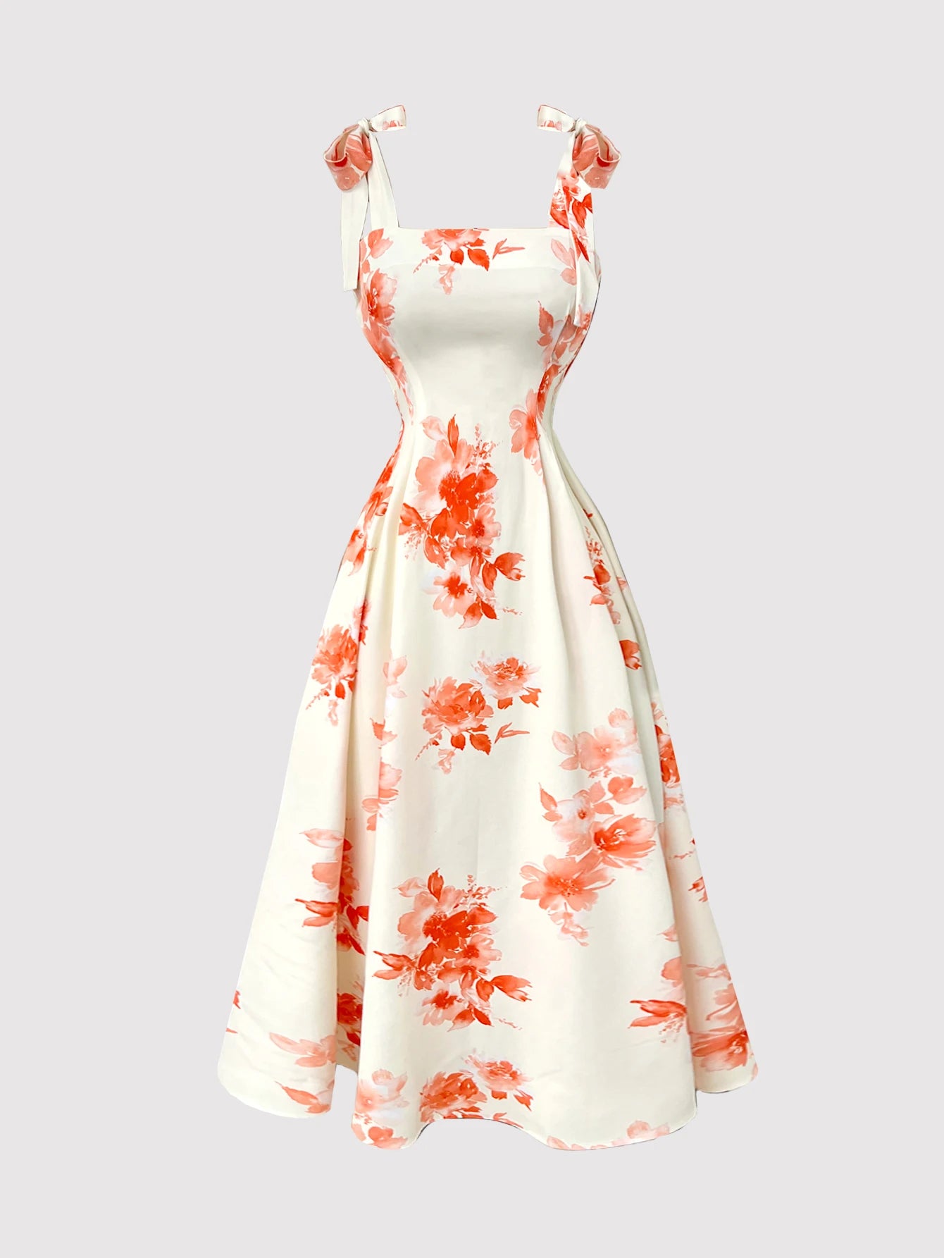 Minimalist White Floral Midi Dress Square Neck Bow Strap Detail Slim Waist Flared Hem Casual Daily Wear Dress Summer Dress